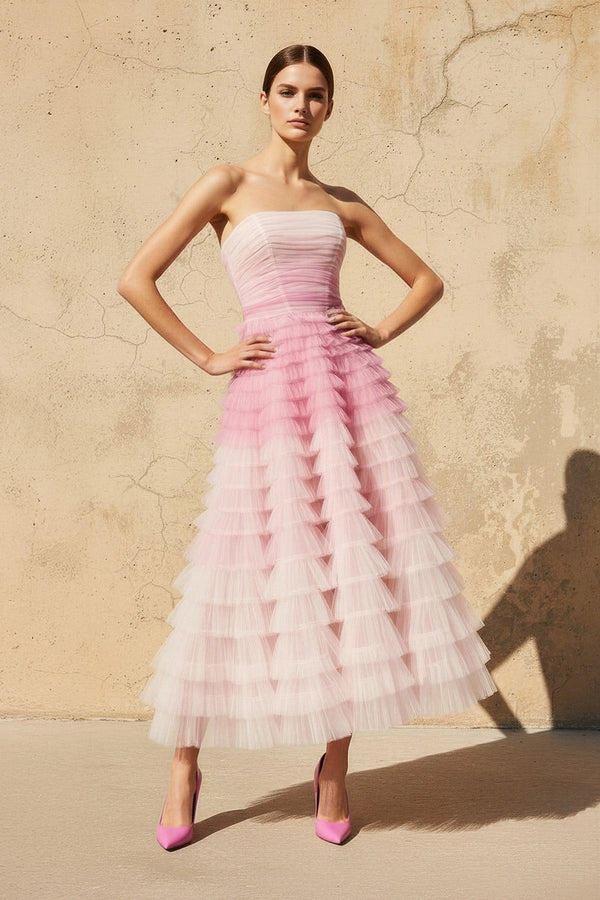 Strapless Ruffled Midi Dress in Pink - SHE IS ME