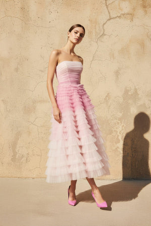 Strapless Ruffled Midi Dress in Pink - SHE IS ME