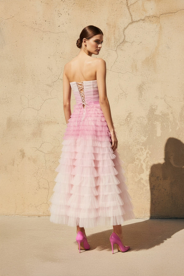 Strapless Ruffled Midi Dress in Pink - SHE IS ME