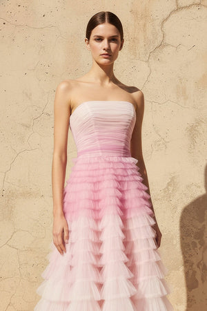 Strapless Ruffled Midi Dress in Pink - SHE IS ME