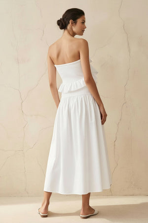 Strapless Ruffled Midi Dress in White - SHE IS ME
