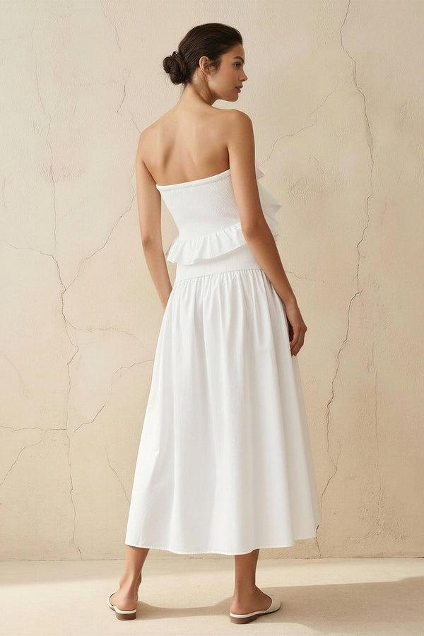 Strapless Ruffled Midi Dress in White - SHE IS ME