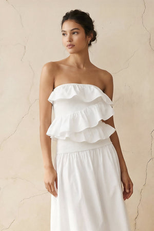 Strapless Ruffled Midi Dress in White - SHE IS ME