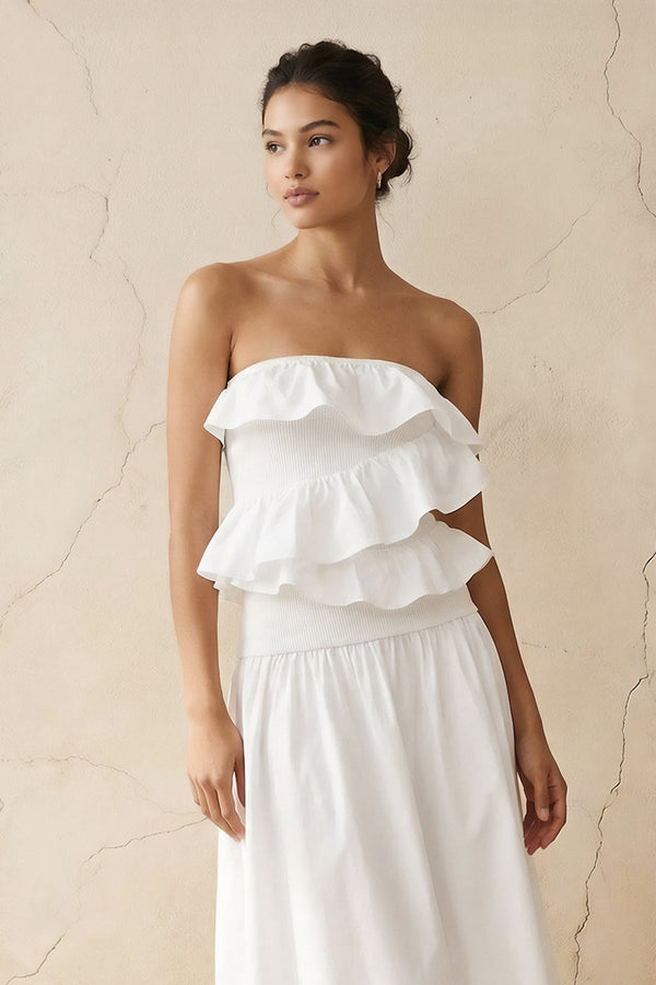 Strapless Ruffled Midi Dress in White - SHE IS ME