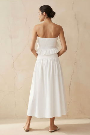 Strapless Ruffled Midi Dress in White - SHE IS ME