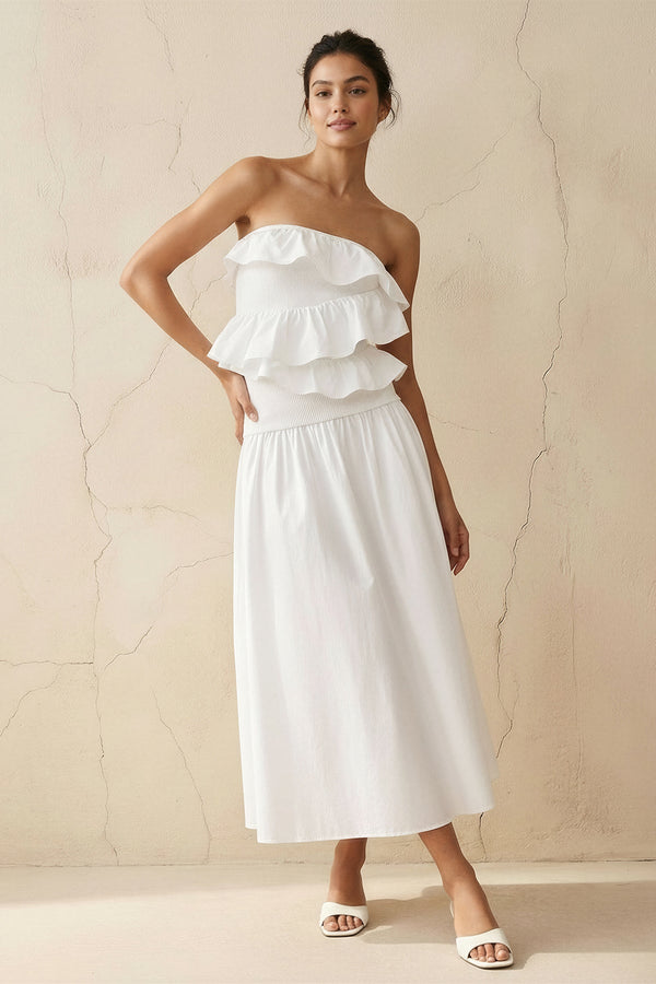 Strapless Ruffled Midi Dress in White - SHE IS ME