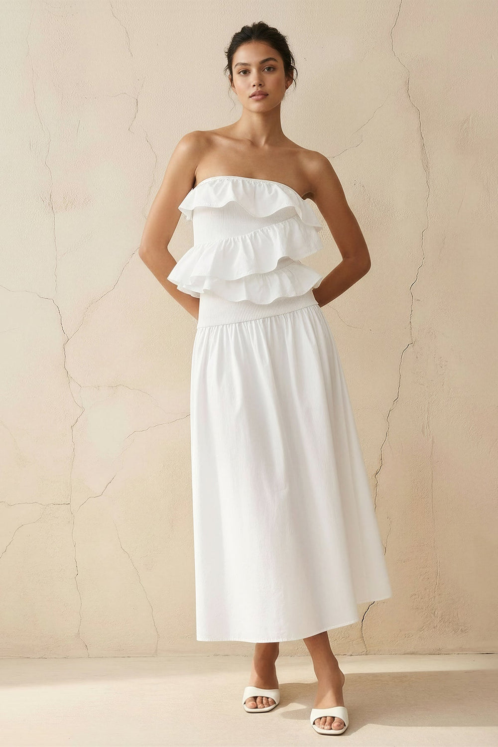Strapless Ruffled Midi Dress in White - SHE IS ME