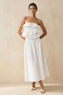 Strapless Ruffled Midi Dress in White - SHE IS ME