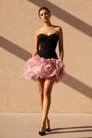 Strapless Ruffled Mini Dress in Black and Pink - SHE IS ME