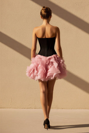 Strapless Ruffled Mini Dress in Black and Pink - SHE IS ME