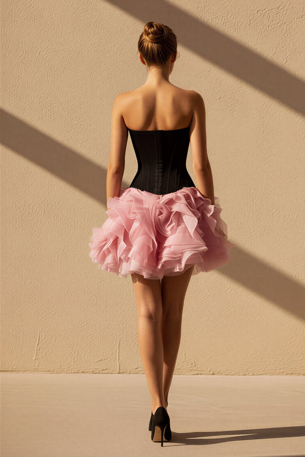 Strapless Ruffled Mini Dress in Black and Pink - SHE IS ME