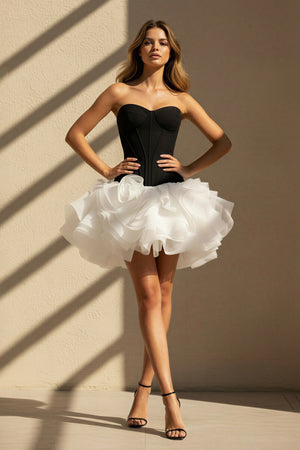 Strapless Ruffled Mini Dress in Black and White - SHE IS ME