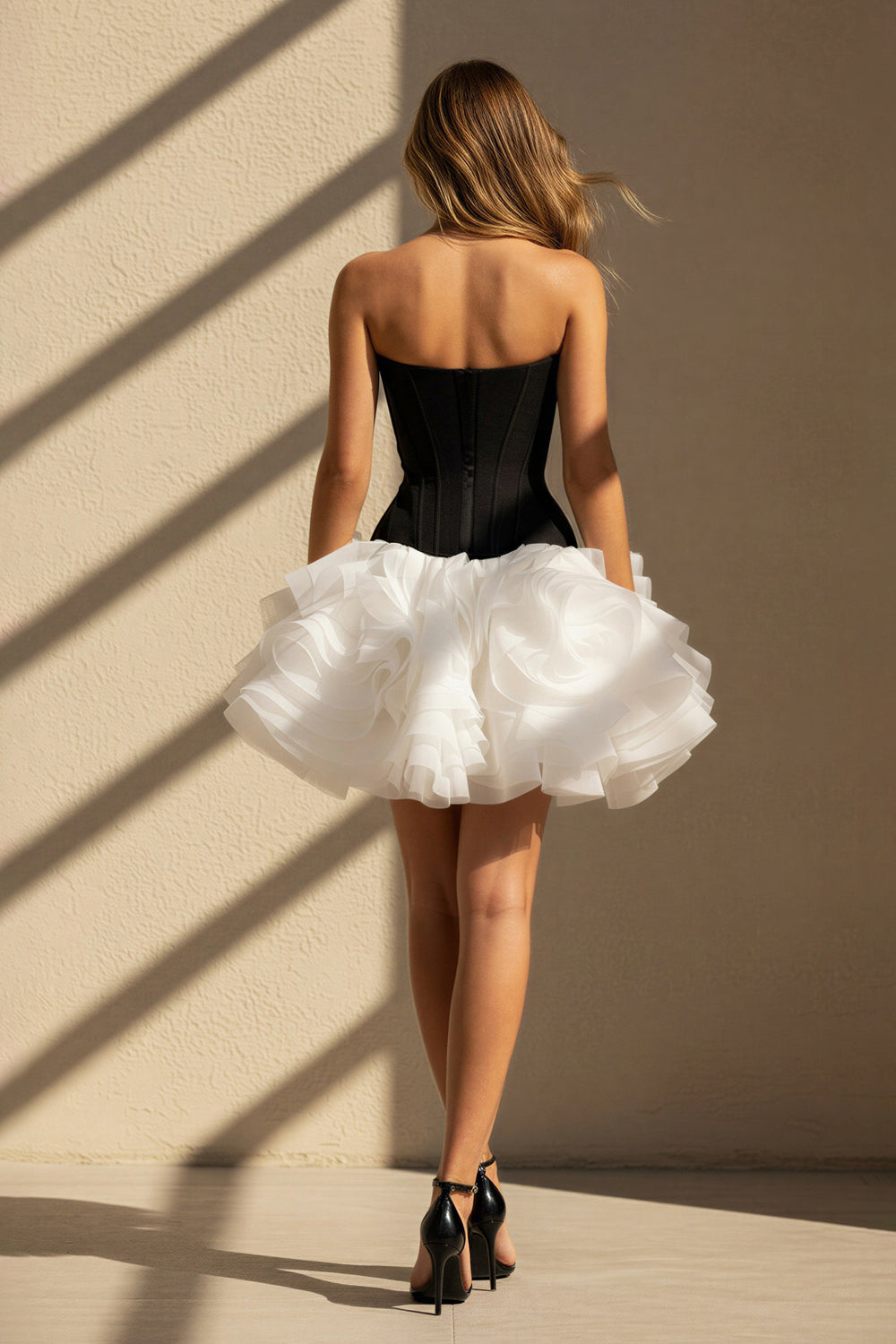 Strapless Ruffled Mini Dress in Black and White - SHE IS ME