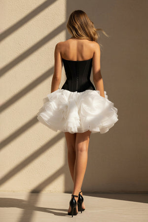 Strapless Ruffled Mini Dress in Black and White - SHE IS ME