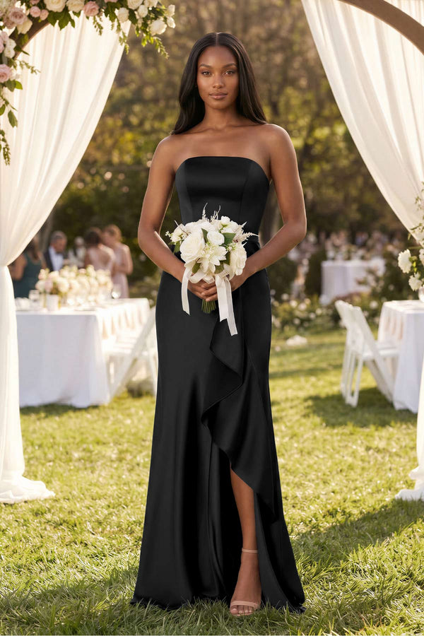 Strapless Ruffled Sheath Bridesmaid Dress in Black - SHE IS ME Bridesmaid Dresses