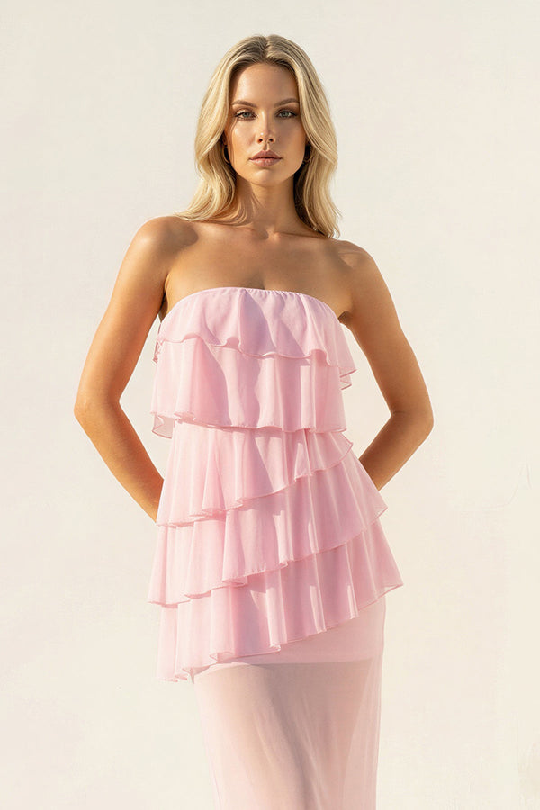 Strapless Ruffled Sheath Maxi Dress in Pink - SHE IS ME PROM DRESSES