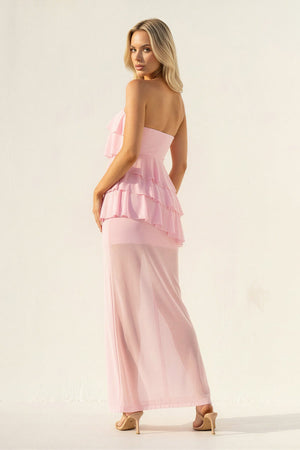 Strapless Ruffled Sheath Maxi Dress in Pink - SHE IS ME PROM DRESSES
