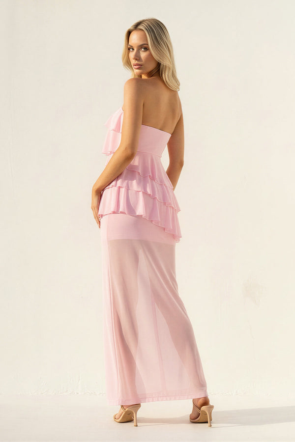 Strapless Ruffled Sheath Maxi Dress in Pink - SHE IS ME PROM DRESSES