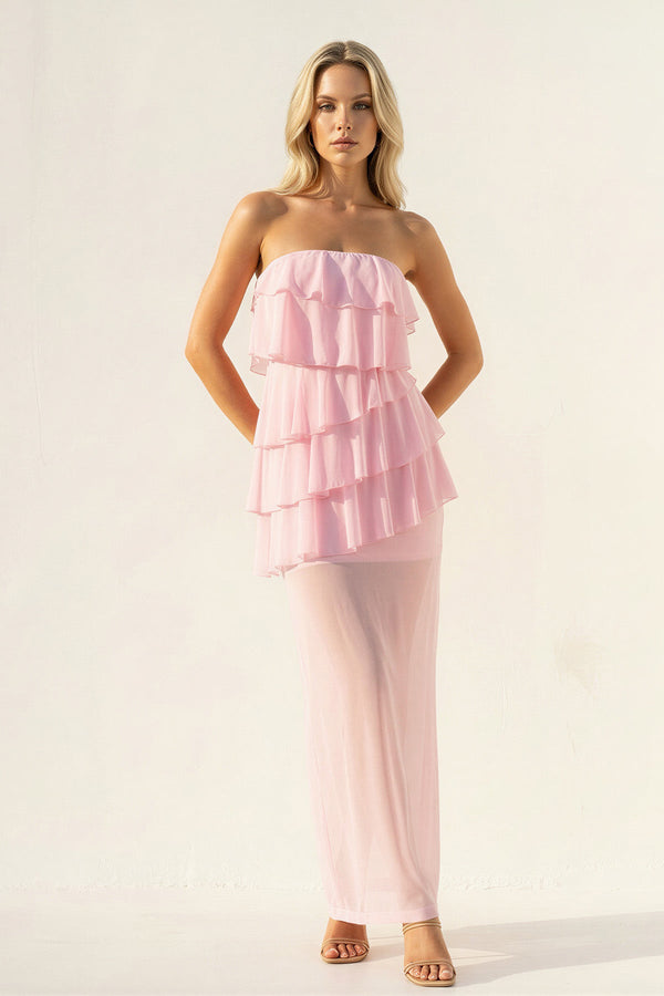 Strapless Ruffled Sheath Maxi Dress in Pink - SHE IS ME PROM DRESSES