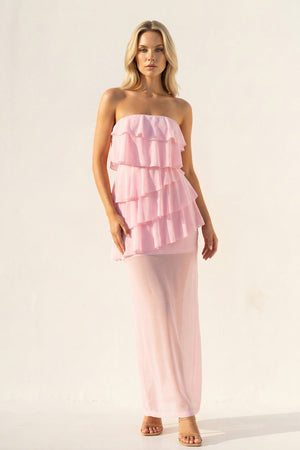Strapless Ruffled Sheath Maxi Dress in Pink - SHE IS ME PROM DRESSES