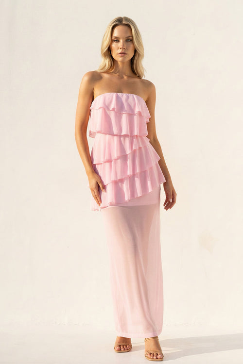 Strapless Ruffled Sheath Maxi Dress in Pink - SHE IS ME PROM DRESSES