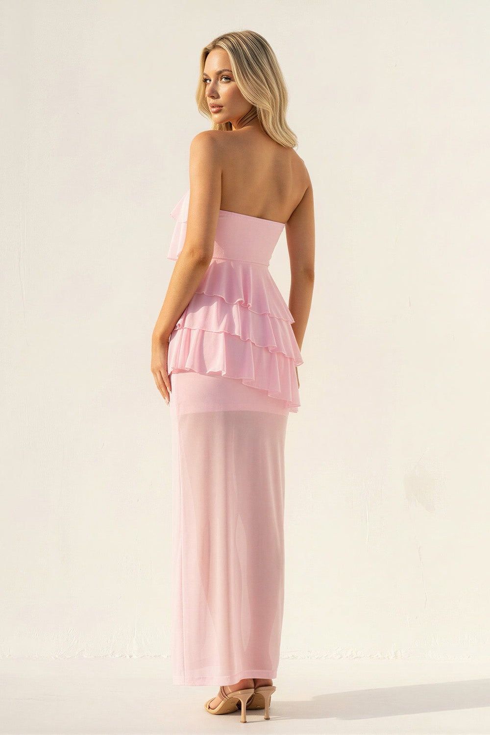 Strapless Ruffled Sheath Maxi Dress in Pink - SHE IS ME PROM DRESSES