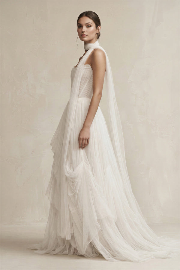 Strapless Ruffled Tulle A - Line Pleated Wedding Dress in Ivory - SHE IS ME Wedding Dresses