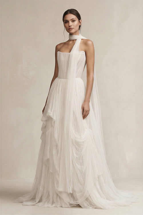 Strapless Ruffled Tulle A - Line Pleated Wedding Dress in Ivory - SHE IS ME Wedding Dresses