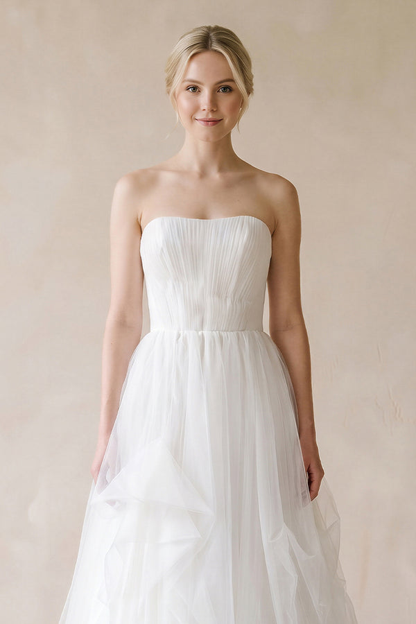 Strapless Ruffled Tulle A - Line Pleated Wedding Dress in Ivory - SHE IS ME Wedding Dresses