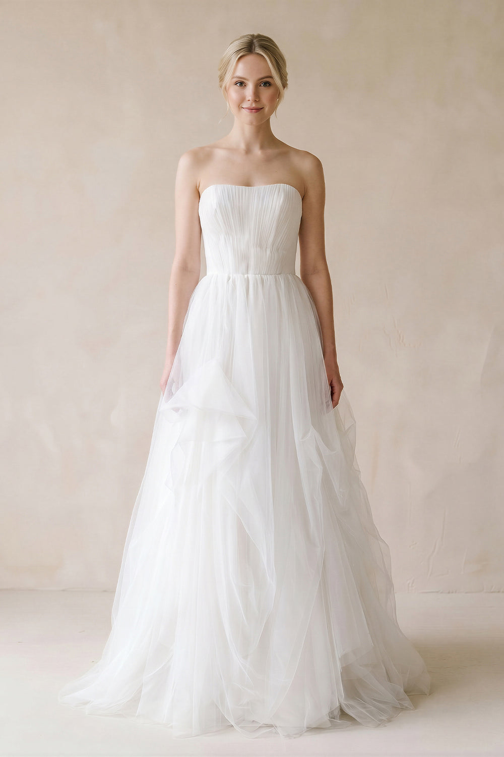 Strapless Ruffled Tulle A - Line Pleated Wedding Dress in Ivory - SHE IS ME Wedding Dresses