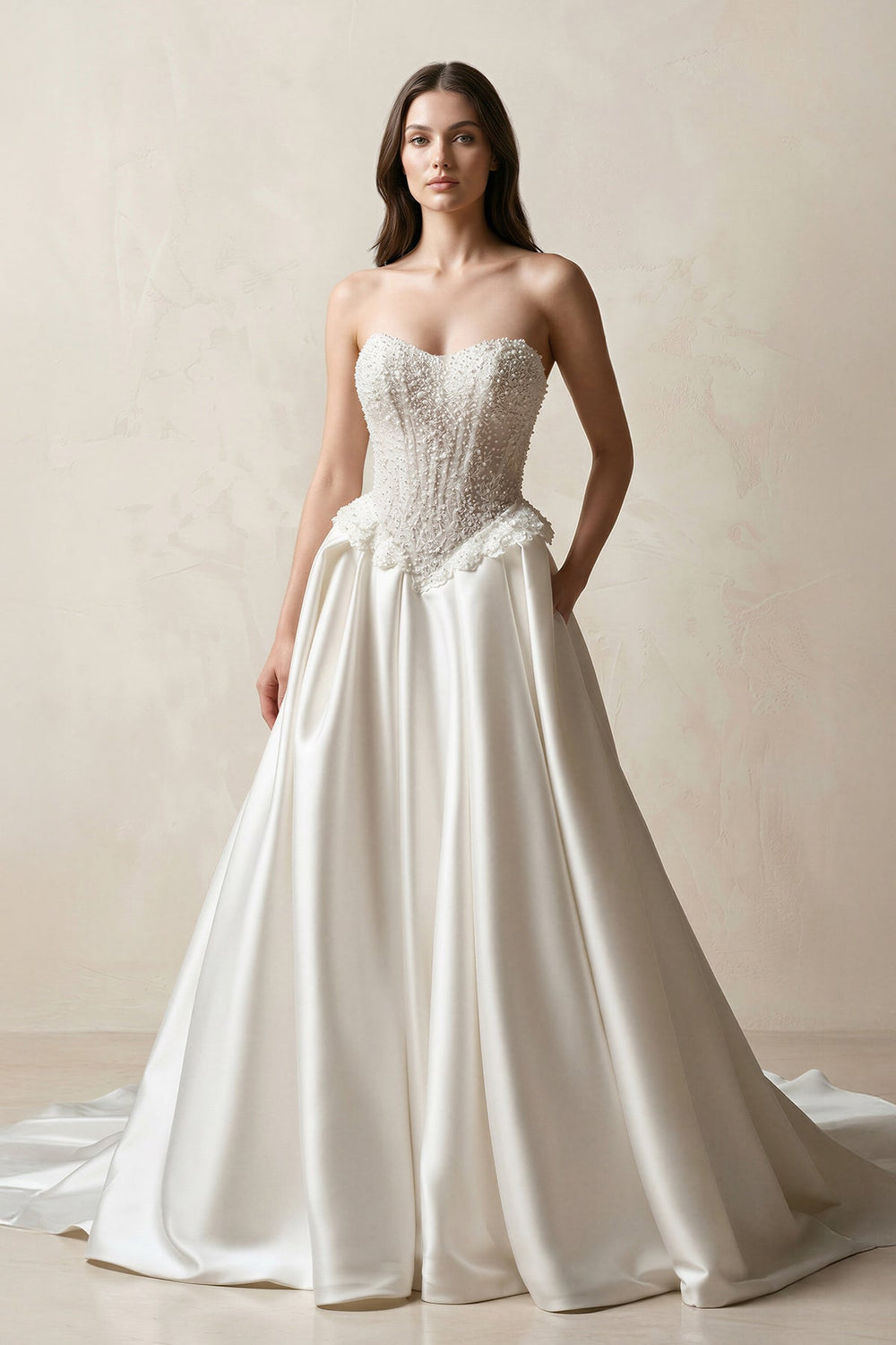 Strapless Satin A - Line Corset Beaded Wedding Dress in White - SHE IS ME Wedding Dresses