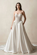 Strapless Satin A - Line Corset Beaded Wedding Dress in White - SHE IS ME Wedding Dresses