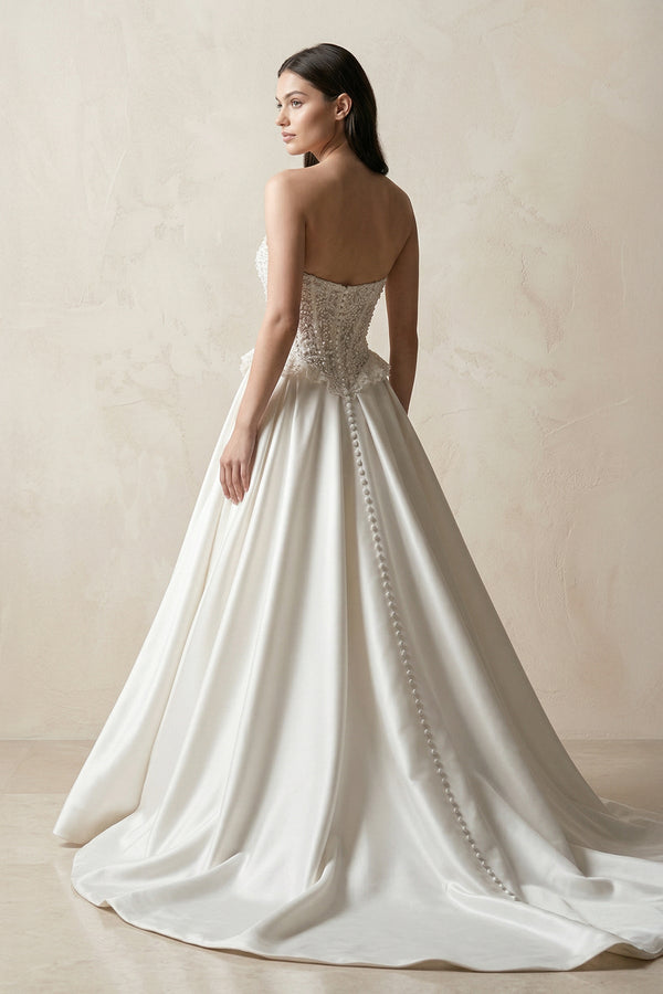 Strapless Satin A - Line Corset Beaded Wedding Dress in White - SHE IS ME Wedding Dresses