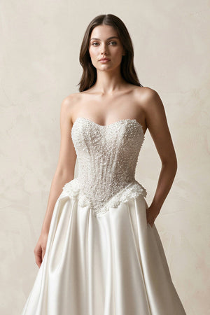 Strapless Satin A - Line Corset Beaded Wedding Dress in White - SHE IS ME Wedding Dresses