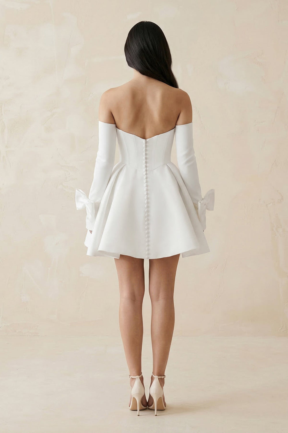 Strapless Satin A - Line Mini Wedding Dress With Sleeves in White - SHE IS ME Wedding Dresses