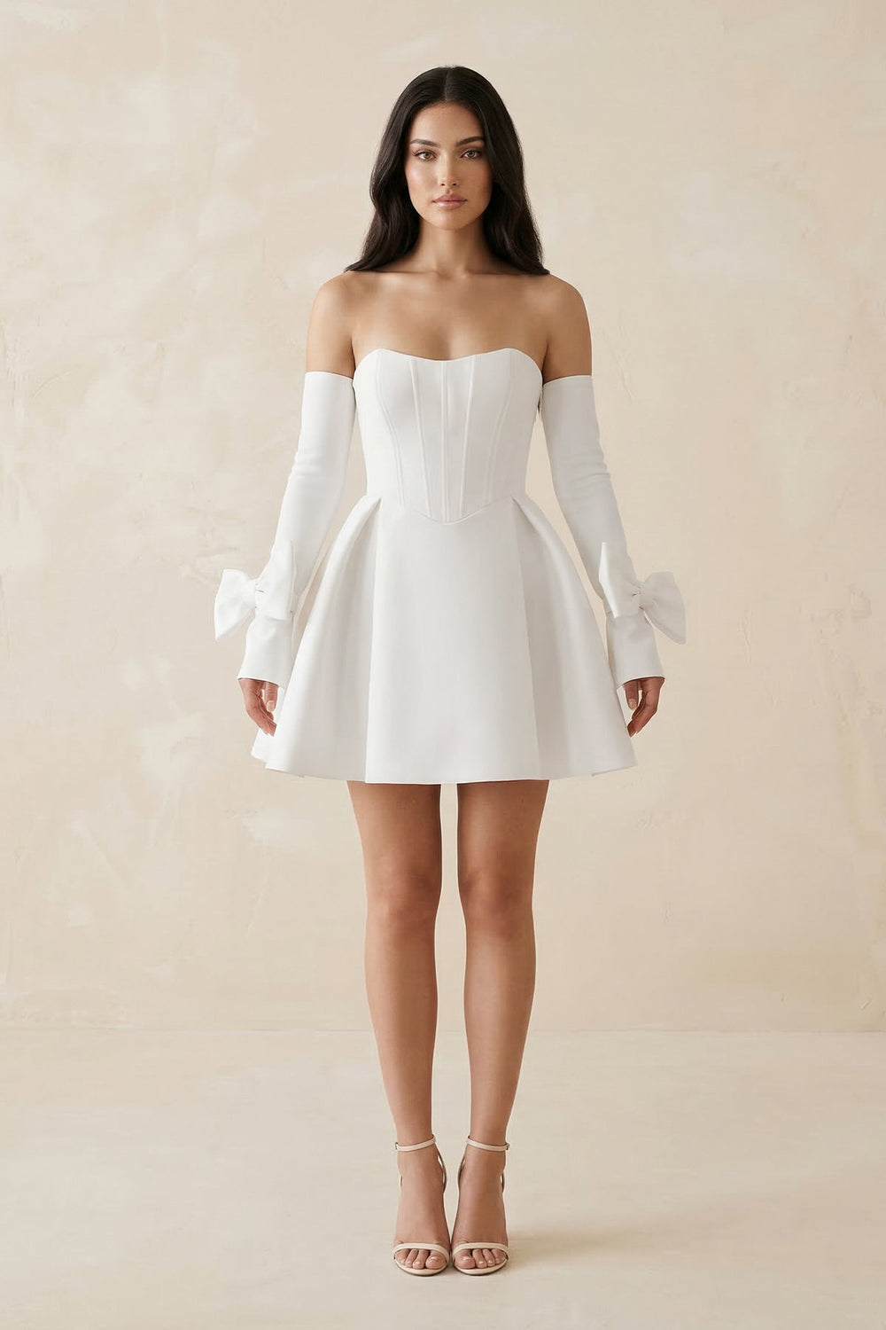 Strapless Satin A - Line Mini Wedding Dress With Sleeves in White - SHE IS ME Wedding Dresses
