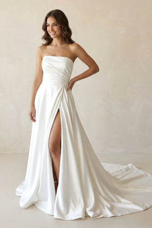 Strapless Satin A - Line Ruched Wedding Dress With Slit in White - SHE IS ME Wedding Dresses