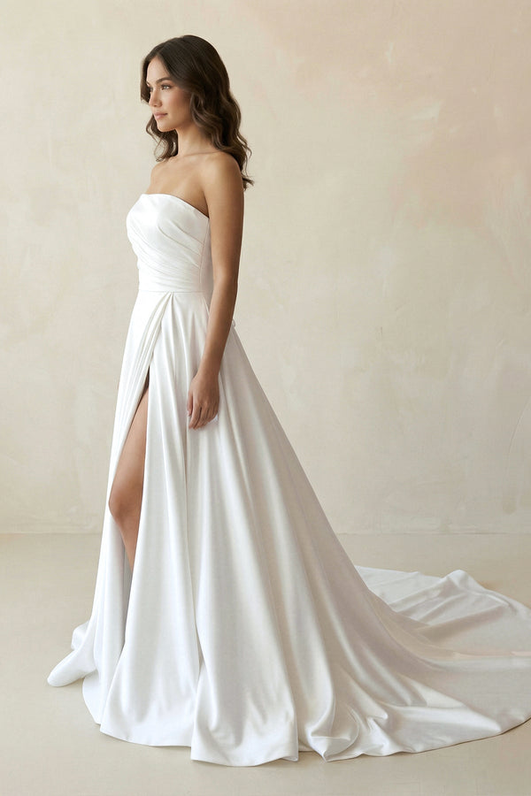Strapless Satin A - Line Ruched Wedding Dress With Slit in White - SHE IS ME Wedding Dresses