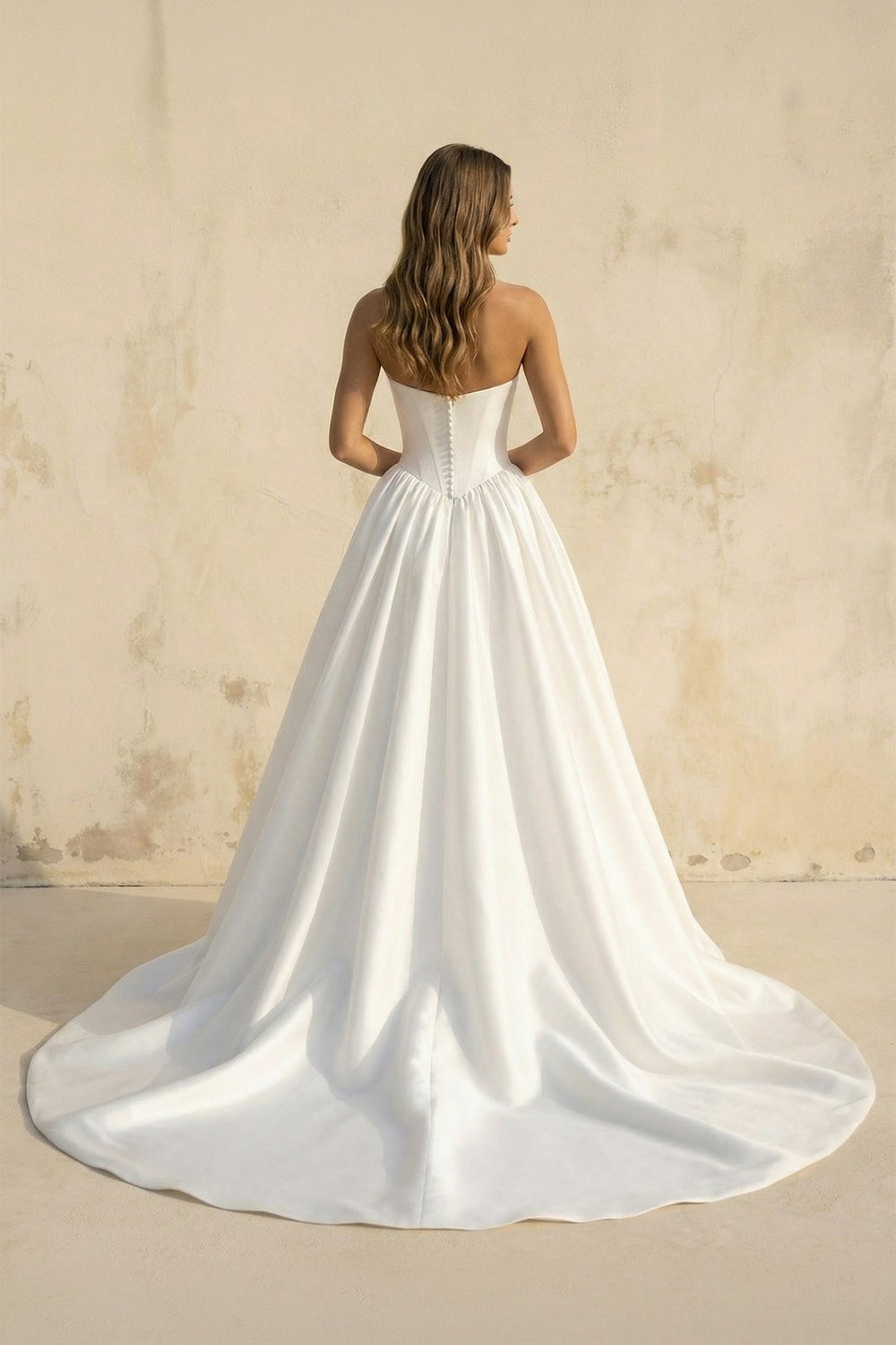 Strapless Satin A Line Wedding Dress in White - SHE IS ME Wedding Dresses