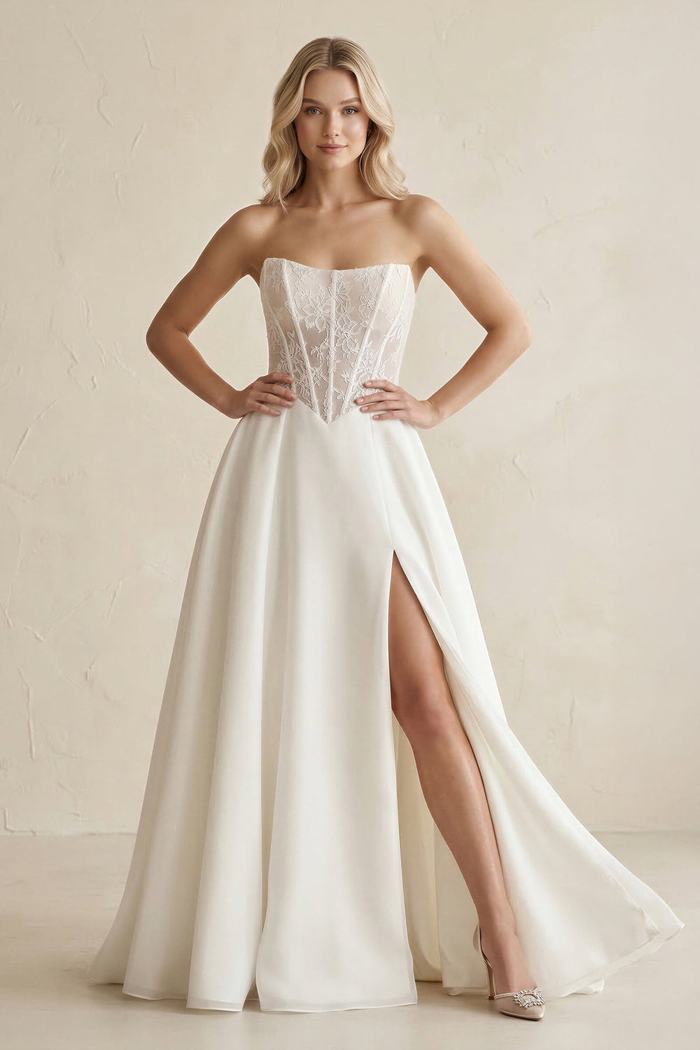 Strapless Satin Appliqued A - Line Wedding Dress with Corset in Ivory - SHE IS ME Wedding Dresses