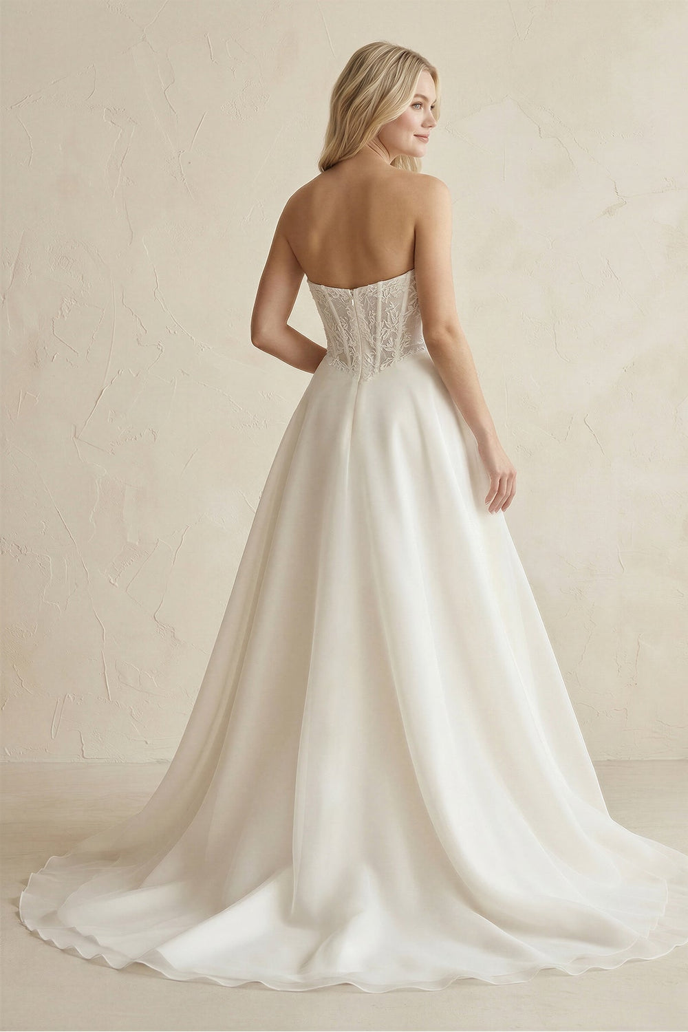 Strapless Satin Appliqued A - Line Wedding Dress with Corset in Ivory - SHE IS ME Wedding Dresses