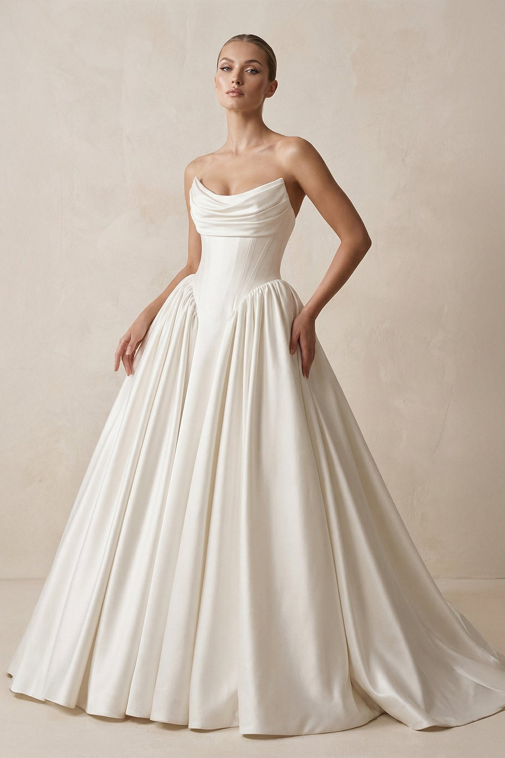 Strapless Satin Ball - Gown Corset Wedding Dress with Removable Sleeves in White - SHE IS ME Wedding Dresses