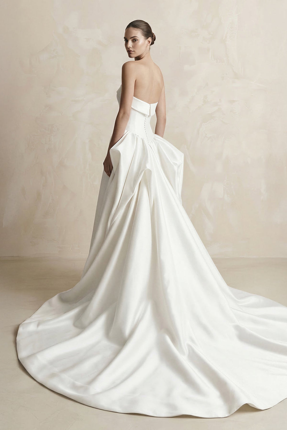 Strapless Satin Ball Gown Wedding Dress in White - SHE IS ME Wedding Dresses