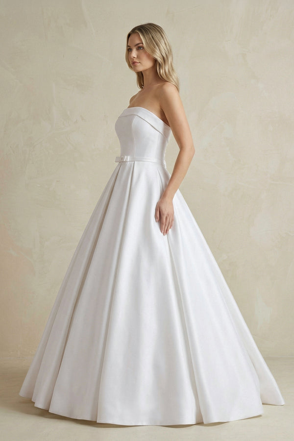 Strapless Satin Ball Gown Wedding Dress with Bow - SHE IS ME Wedding Dresses