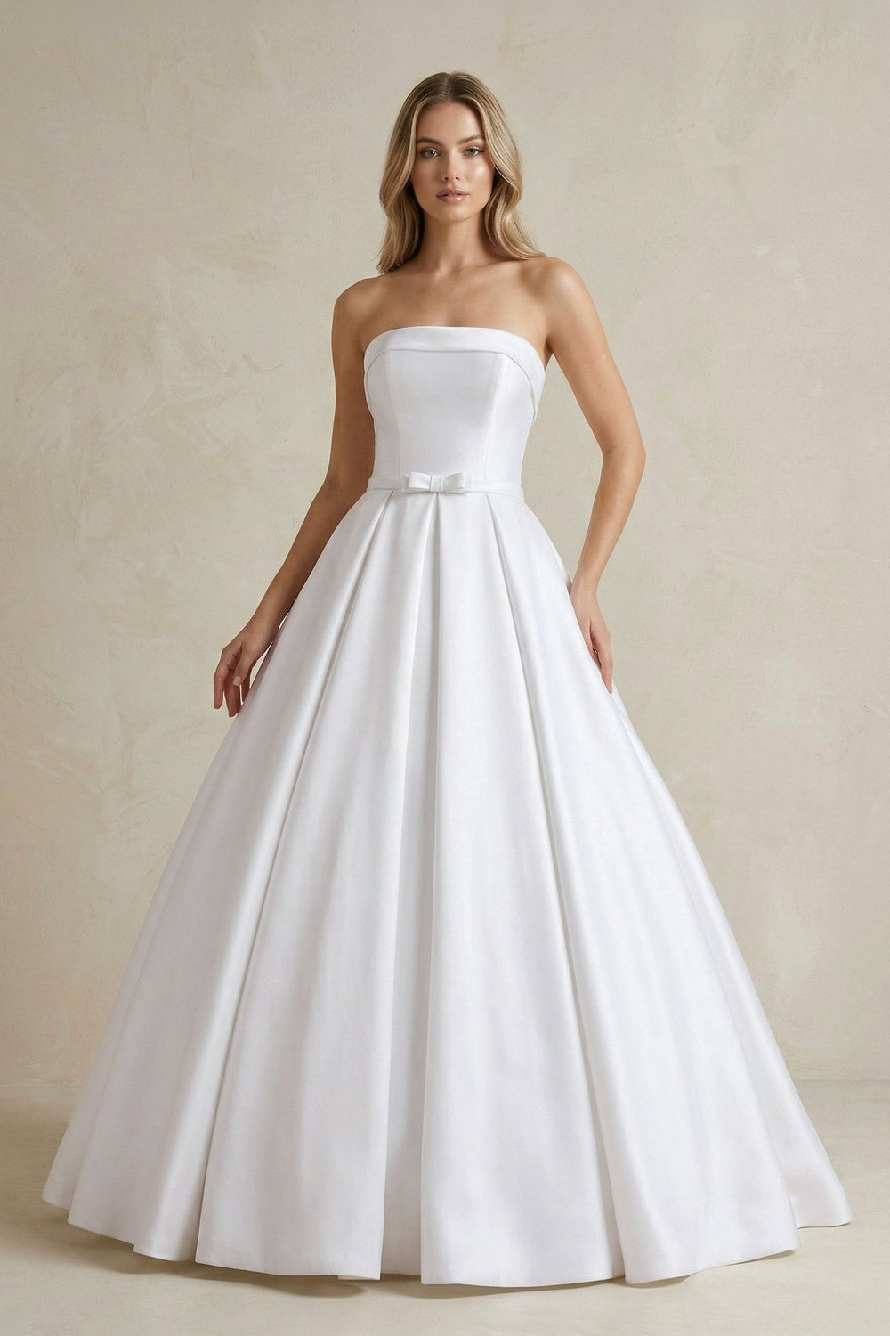 Strapless Satin Ball Gown Wedding Dress with Bow - SHE IS ME Wedding Dresses