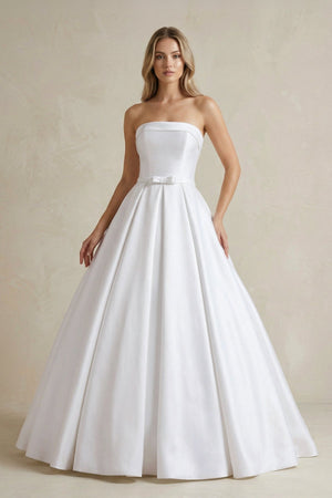 Strapless Satin Ball Gown Wedding Dress with Bow - SHE IS ME Wedding Dresses
