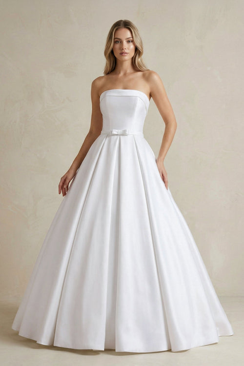 Strapless Satin Ball Gown Wedding Dress with Bow - SHE IS ME Wedding Dresses
