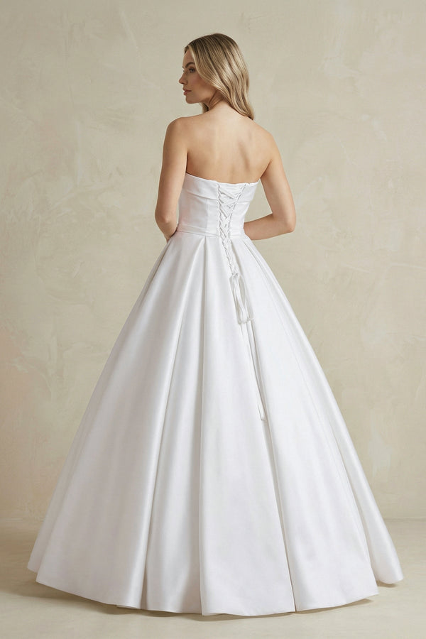 Strapless Satin Ball Gown Wedding Dress with Bow - SHE IS ME Wedding Dresses