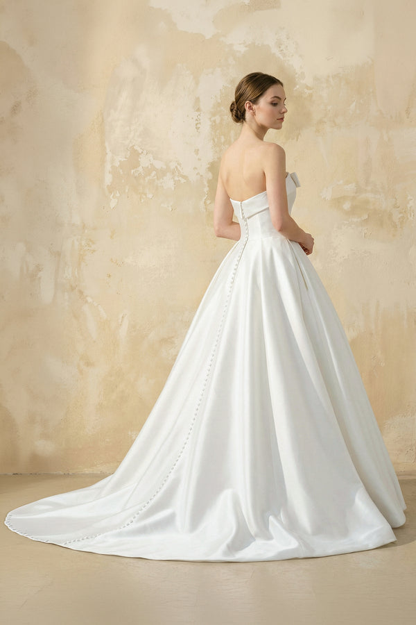 Strapless Satin Ball Gown With Bow in White - SHE IS ME Wedding Dresses