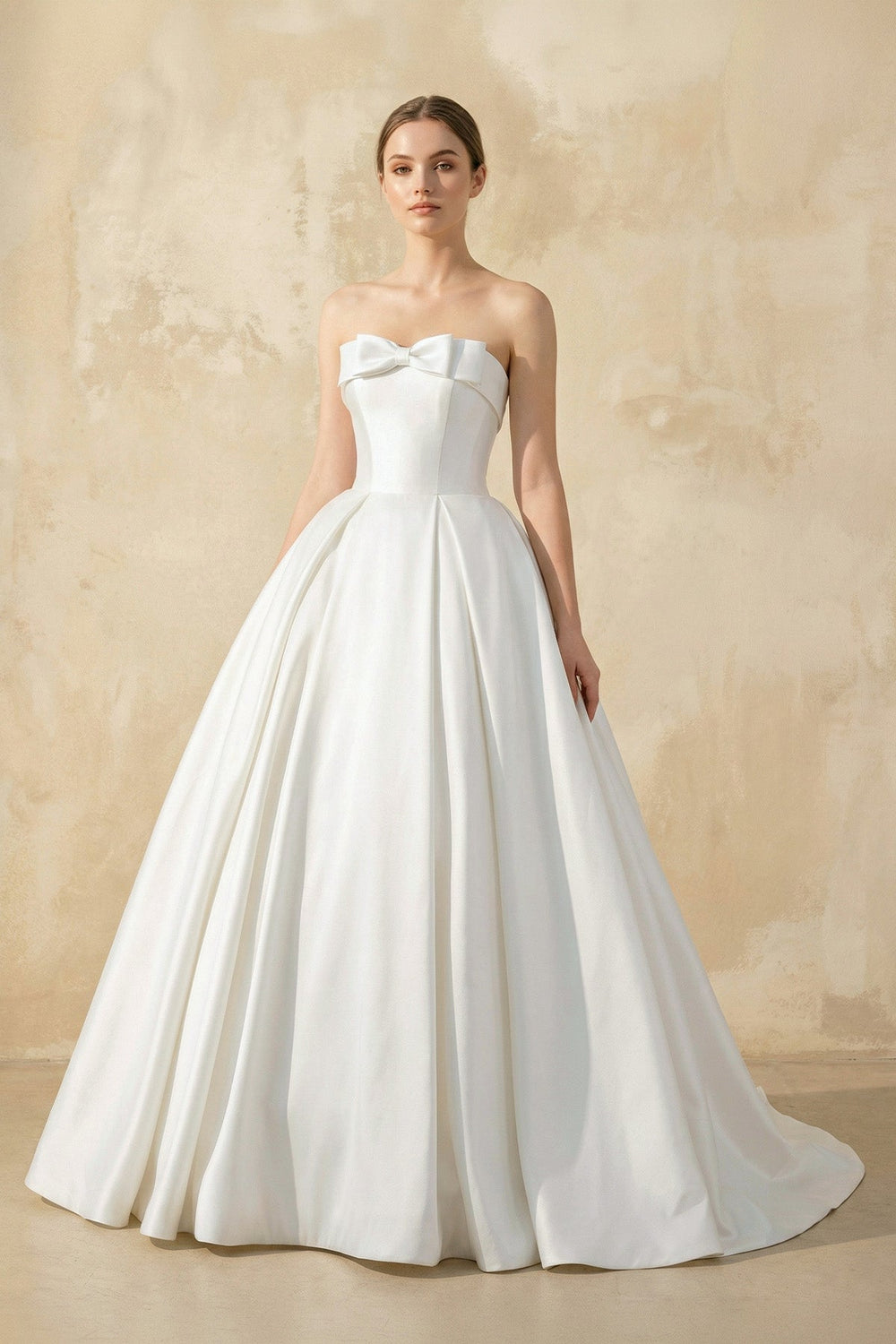 Strapless Satin Ball Gown With Bow in White - SHE IS ME Wedding Dresses